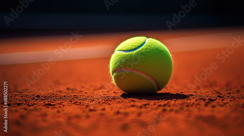 Neon green tennis ball on clay court with defined texture © javier