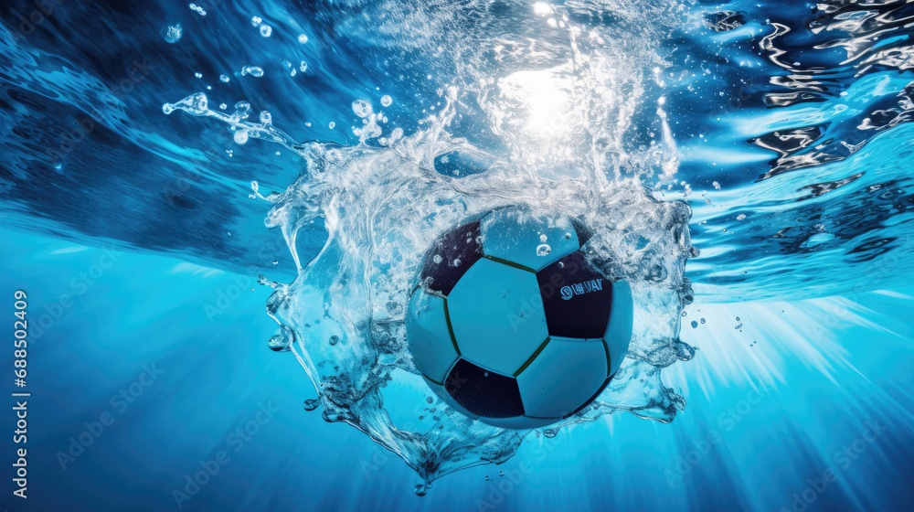 Naklejka premium Water polo ball mid-air splashes of blue vivid texture