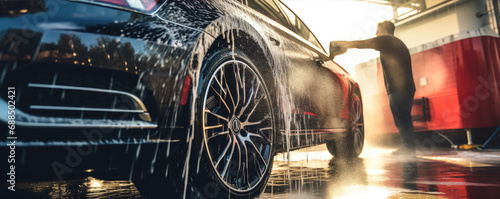 Professional carwash. Car wash with white soap and foam on luxury cars. Washing by Using High Pressure Water.