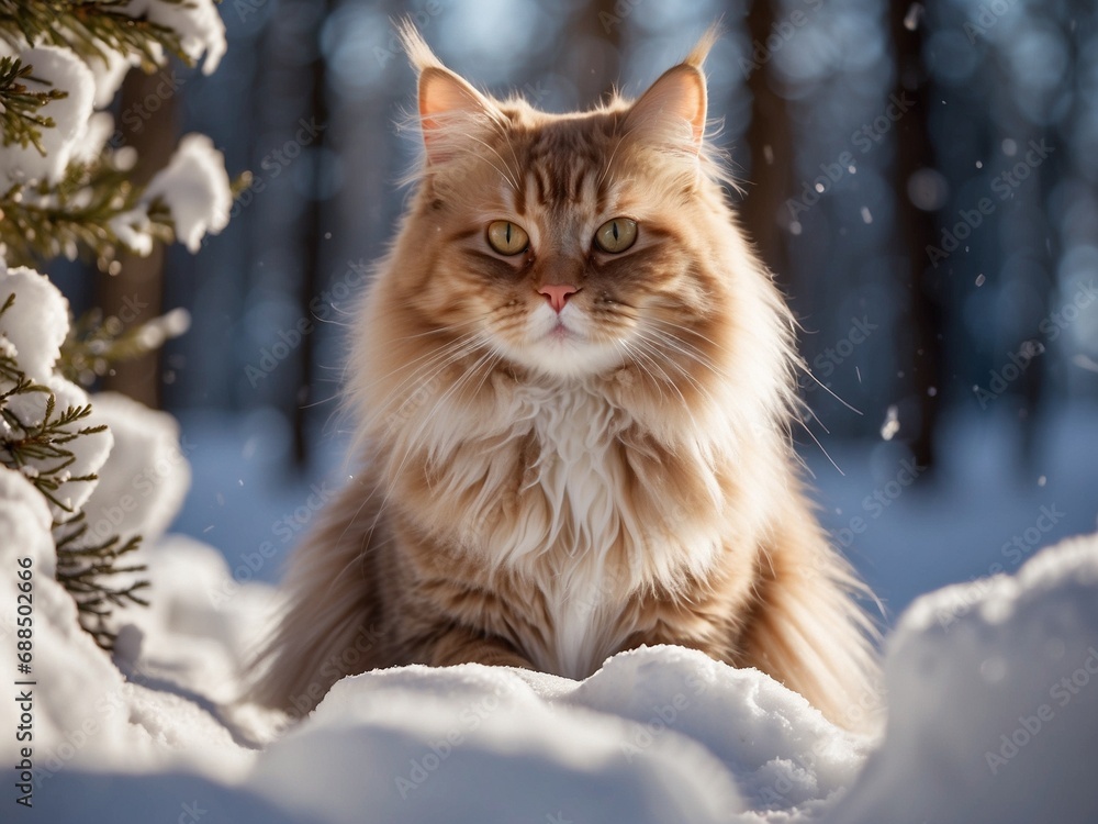 A fluffy red cat sitting outside in the snow. Portrait of a fluffy pet. Winter weather.