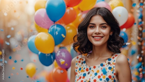 Portrait of a beautiful young model woman with a fashionable hairstyle. A clear face and a colorful make-up. Stylish clothes. Bright background with balloons. The concept of celebration and fun.