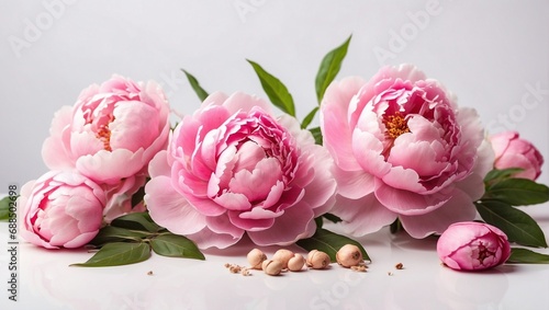 A beautiful composition of pink peonies. A natural bouquet of flowers. Floristry, flowers - peony. A bouquet of flowers on a white background. Flowers for postcard, greeting, wedding.
