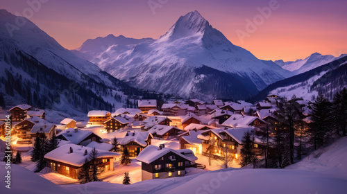 Twilight at a vibrant ski resort