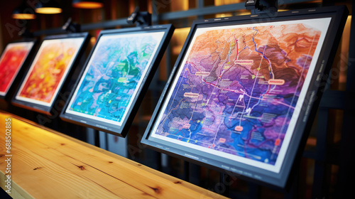 Vibrant ski trail maps displayed on wooden board photo