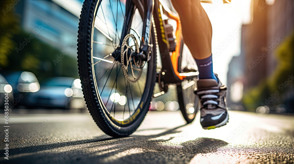 Naklejka premium Close-up of cyclist's feet in colorful pedals on urban road