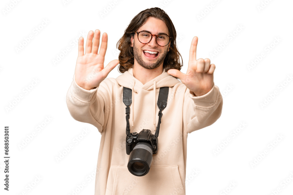 Young photographer man over isolated background counting seven with fingers Young photographer man over isolated background counting seven with fingers