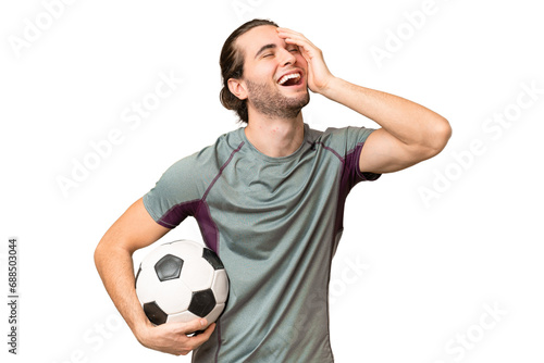 Young handsome football player man over isolated background smiling a lot