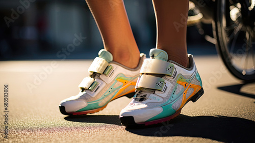 Cyclist's feet on colorful pedals photo