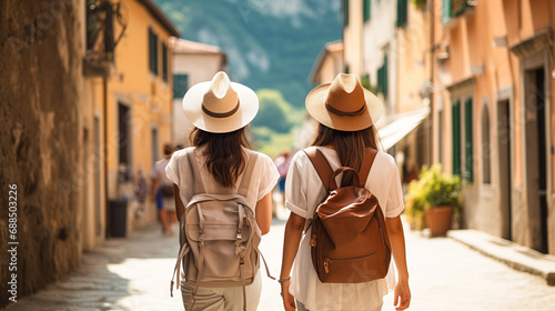 Two women in hats wearing backpacks walking through streets of Venice. Travel concept. Tourists enjoy summer Italian vacation in Europe. holidays tour, vacation. Back view
