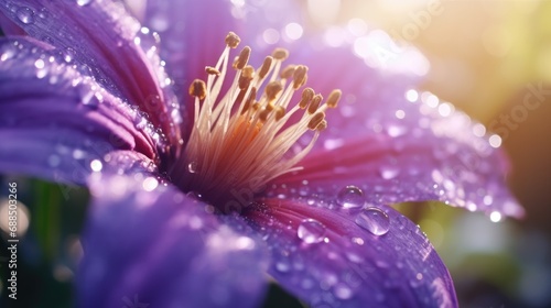 Morning dew on vibrant purple flower with sun flare. Nature and beauty. © Postproduction