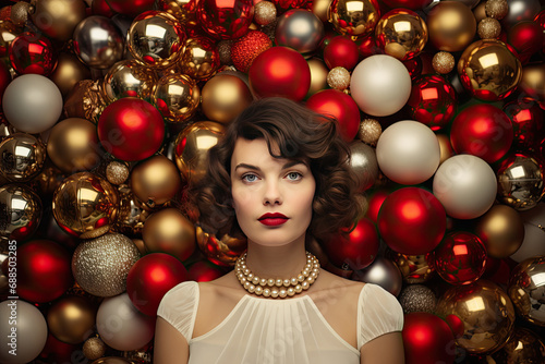 a woman posing behind a christmas garland of red and white balls