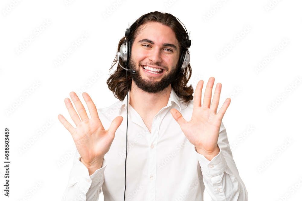 Telemarketer man working with a headset over isolated chroma key background counting ten with fingers Telemarketer man working with a headset over isolated chroma key background counting ten with fingers