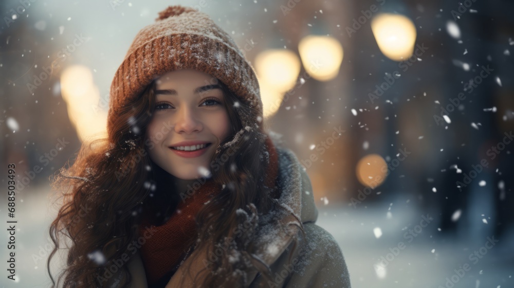 ニット帽を被ったカメラ目線で笑顔の女性と雪が降る街の景色 ニット帽を被ったカメラ目線で笑顔の女性と雪が降る街の景色