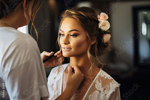 Beautiful bride getting makeup done at the makeup salon photo