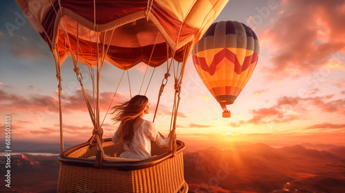 Woman enjoying view from hot air balloon during flight over beautiful landscape at sunset. Themes adventure, freedom and travel. Dreams come true, happiness, success concept