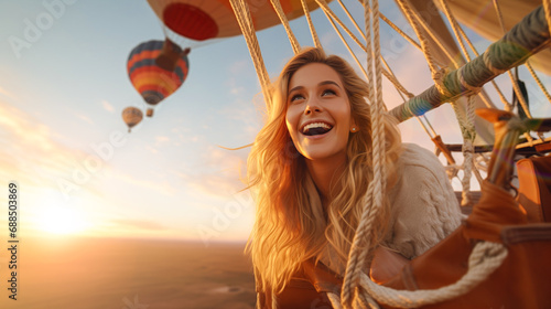 Happy young beautiful woman has unforgettable experience during the hot air balloon flight at sunset over the fairytale landscape. Dreams come true, happiness, freedom, success concept