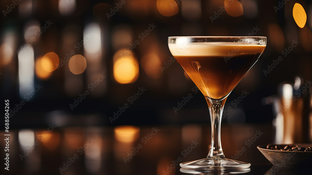 close up of a glass of esspresso martini with blurred Bartender and bar in the back with empty copy space close up of a glass of esspresso martini with blurred Bartender and bar in the back with empty copy space