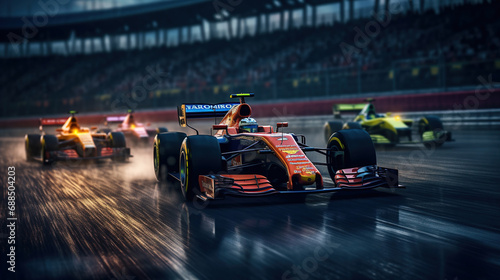 Formula 1 Cars Racing in a Professional Racetrack Blurry Background photo
