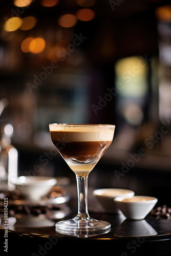 Wallpaper Mural close up of a glass of esspresso martini with blurred Bartender and bar in the back with empty copy space	 Torontodigital.ca