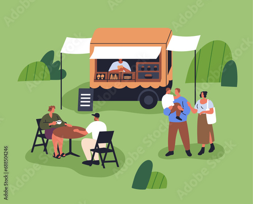Outdoor street food truck, mobile wheeled cafe van. People relaxing, eating bakery in nature. Tiny characters resting outside in park on summer holiday, vacation, weekend. Flat vector illustration