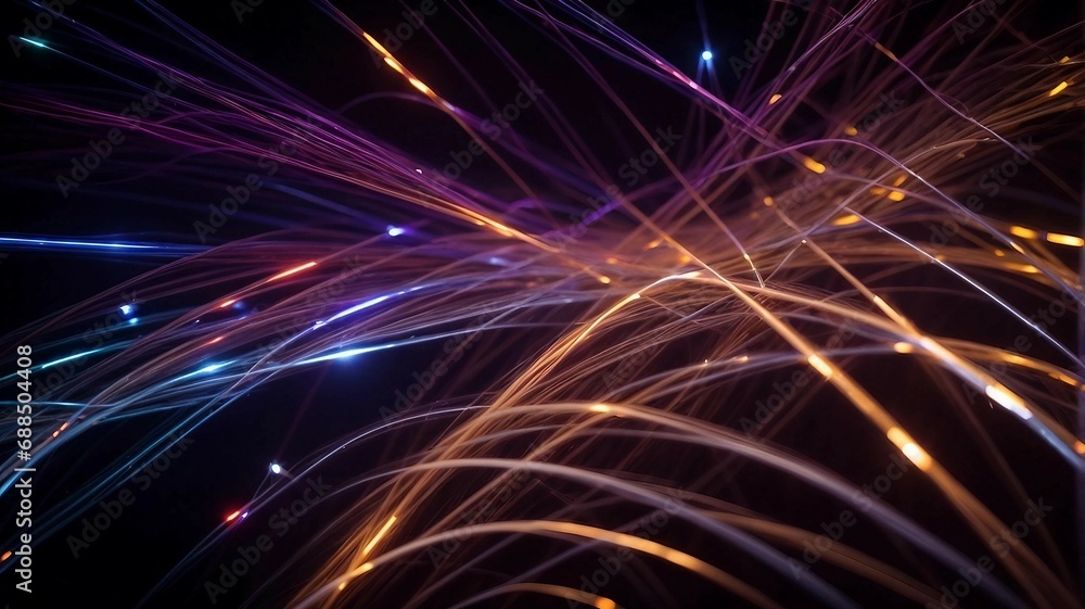 Naklejka premium Beautiful thin strands of fiber optics illuminate an abstract black background. Generative AI.