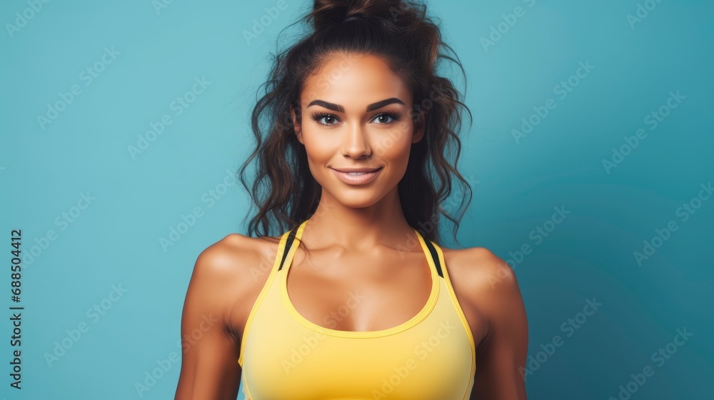 Charming, attractive fitness woman trainer, professional close up portrait photo, solid bright color background, blank space for text Charming, attractive fitness woman trainer, professional close up portrait photo, solid bright color background, blank space for text