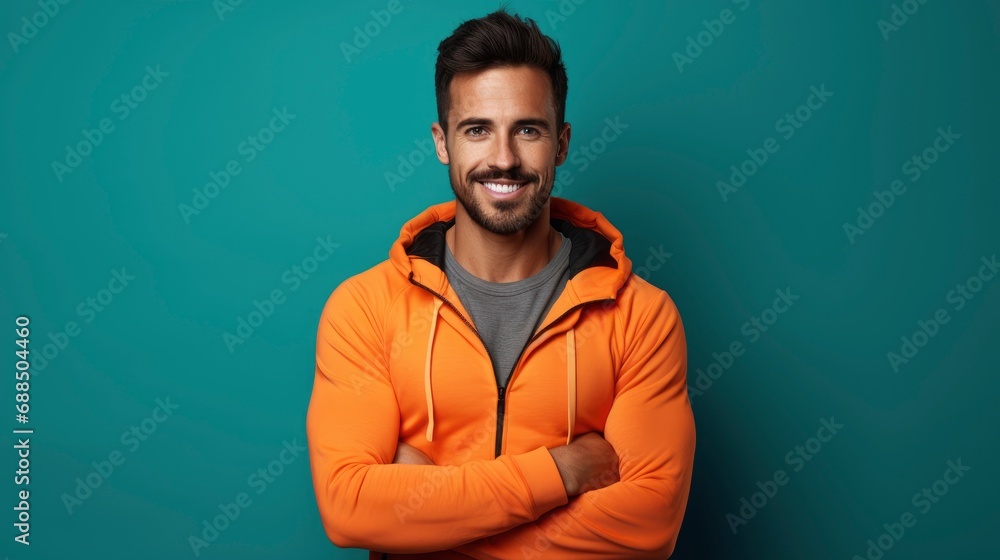 Charming, confident and attractive fitness man trainer in fitness outfit over vivid solid background with copy space, banner