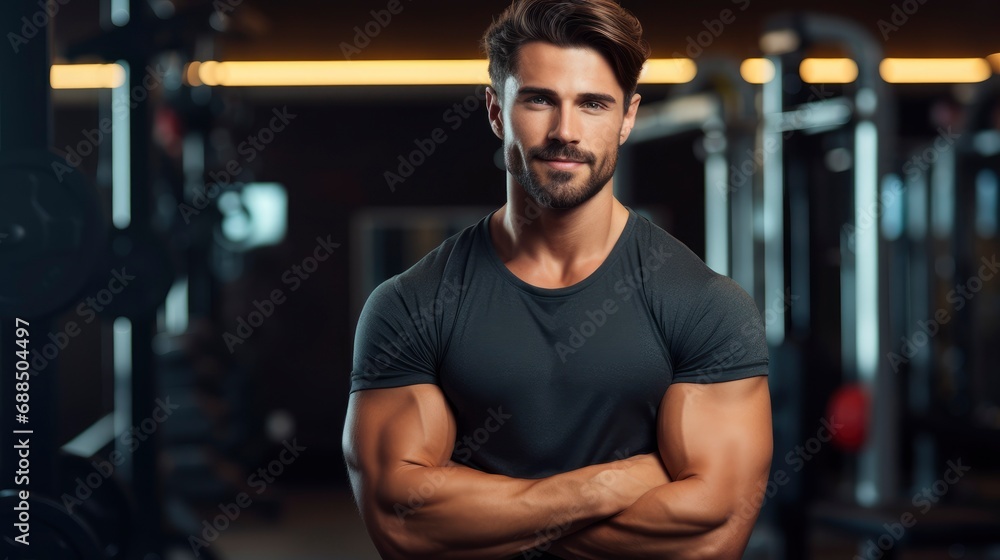 Fototapeta premium Charming, confident and attractive fitness man trainer in fitness outfit over gym background with copy space, banner
