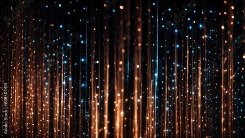 Beautiful thin strands of fiber optics illuminate an abstract black background. Generative AI.