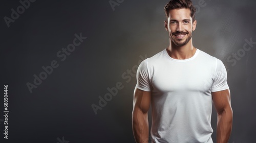 Charming, confident and attractive fitness man trainer in fitness outfit over blurred background with copy space, banner