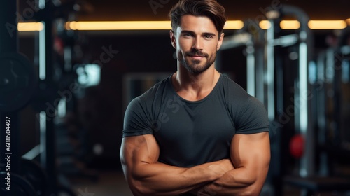 Charming  confident and attractive fitness man trainer in fitness outfit over gym background with copy space  banner