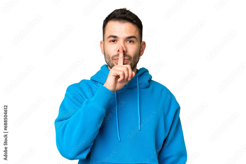 Young handsome caucasian man over isolated chroma key background showing a sign of silence gesture putting finger in mouth Young handsome caucasian man over isolated chroma key background showing a sign of silence gesture putting finger in mouth
