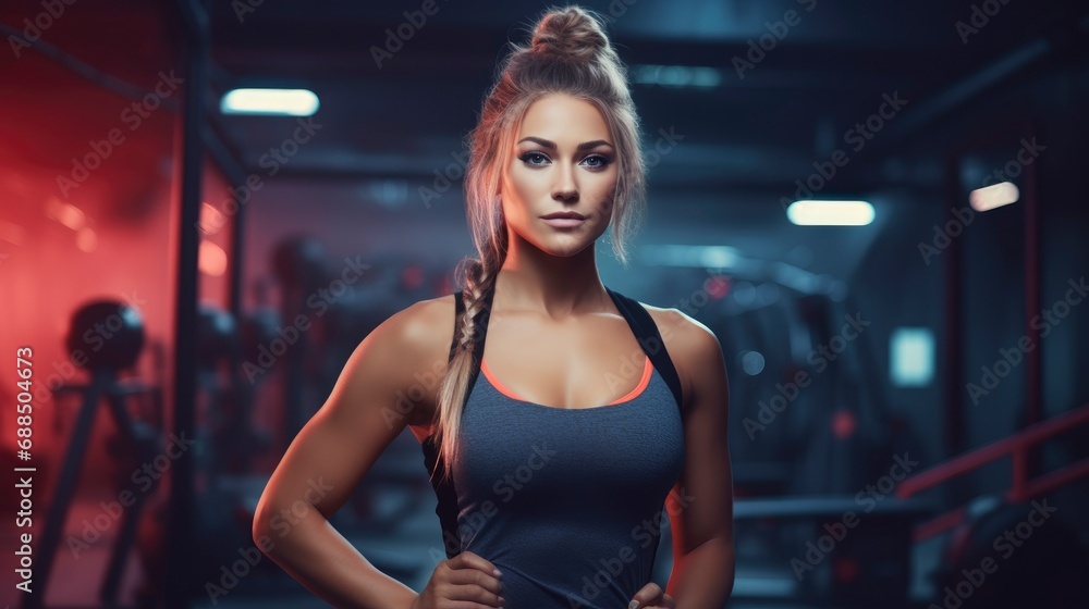 Charming, confident and attractive fitness woman trainer in tight lingerie over gym background Charming, confident and attractive fitness woman trainer in tight lingerie over gym background