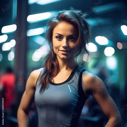 Charming, confident and attractive fitness woman trainer, professional 3/4 body photo, blurred gym background
