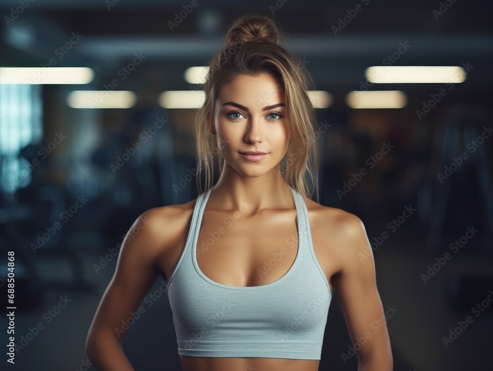 Charming, confident and attractive fitness woman trainer, professional close up portrait photo, blurred gym background, banner with free space for text