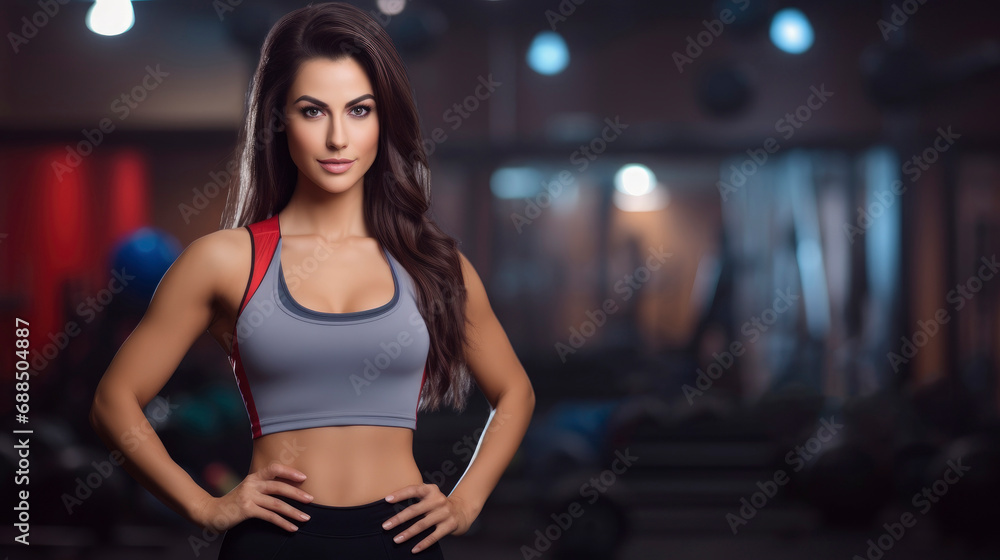 Charming, confident and attractive fitness woman trainer in lingerie over gym background with copy space, banner Charming, confident and attractive fitness woman trainer in lingerie over gym background with copy space, banner