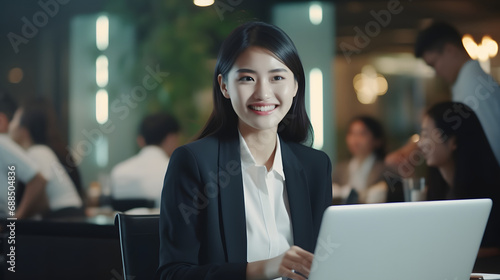 Portrait, business and woman in a meeting, laptop and brainstorming with ideas, cooperation and feedback. Face, Asian person or corporate professional with teamwork, planning for a pro. generative ai.