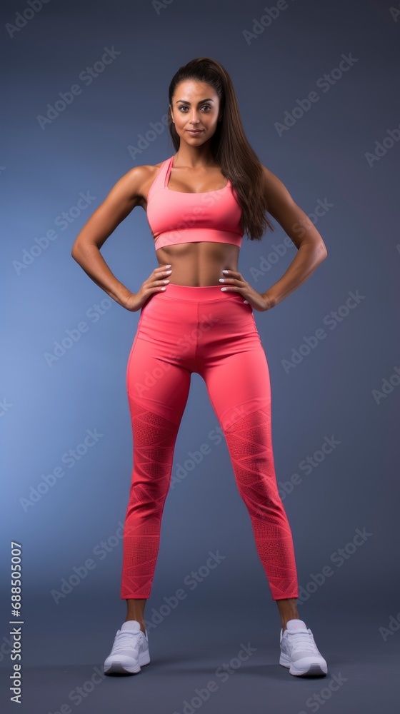 Confident, fantastic looking pretty fitness woman in sportswear, professional studio full body photo, vivid color background Confident, fantastic looking pretty fitness woman in sportswear, professional studio full body photo, vivid color background