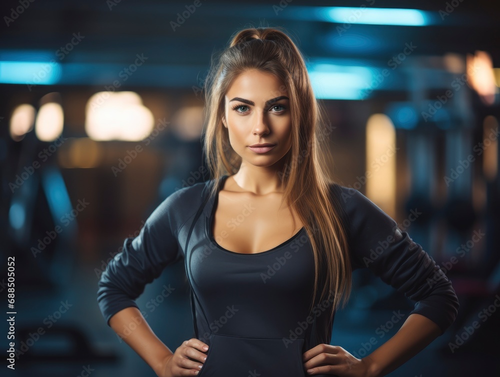 Confident, fantastic looking pretty fitness woman in sportswear, professional portrait photo, blurred gym background, blank space for text