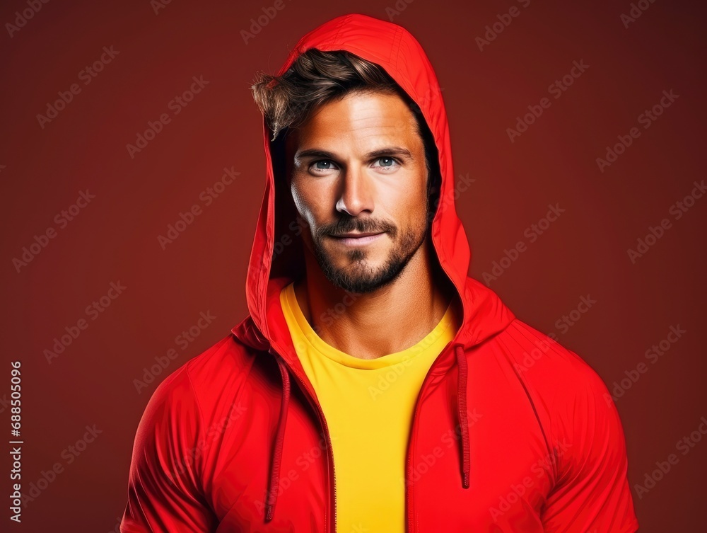 Confident handsome man fitness trainer in sportswear, professional close up portrait photo, solid bright color background, banner with copy space Confident handsome man fitness trainer in sportswear, professional close up portrait photo, solid bright color background, banner with copy space