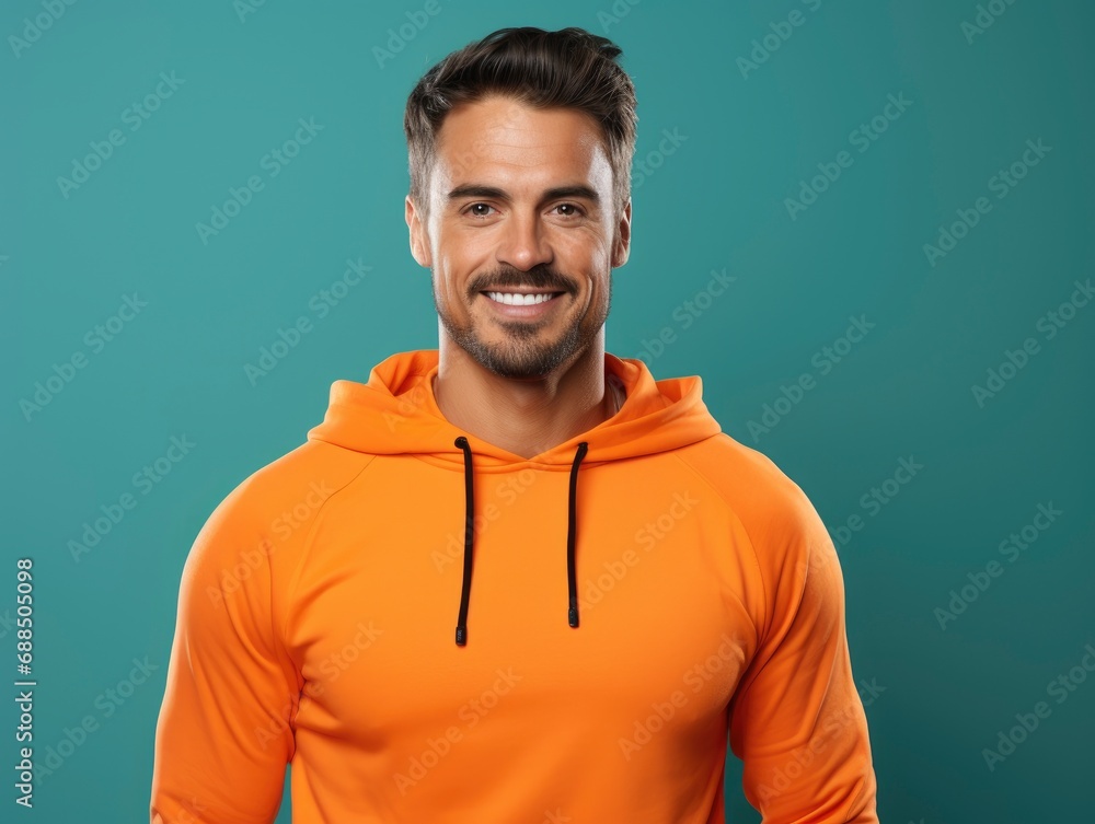 Confident handsome man fitness trainer in sportswear, professional close up portrait photo, solid bright color background, banner with copy space Confident handsome man fitness trainer in sportswear, professional close up portrait photo, solid bright color background, banner with copy space