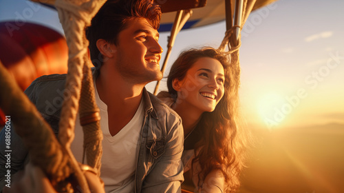Happy young couple has unforgettable experience during the hot air balloon flight at sunset over the fairytale landscape. Dreams come true, happiness, love, romantic date concept