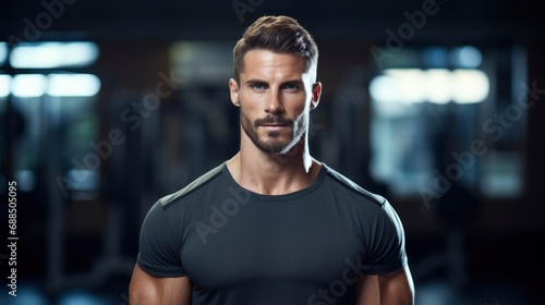 Confident handsome man fitness trainer in sportswear, professional close up portrait photo, blurred gym background, banner with copy space