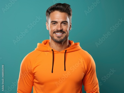 Confident handsome man fitness trainer in sportswear, professional close up portrait photo, solid bright color background, banner with copy space