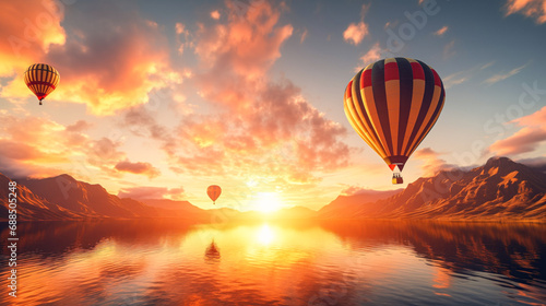 A group of hot air balloons flying over the amazing sea landscape at sunset. Wallpaper. Romantic view, tourism, adventure, dream concept © Dina Photo Stories