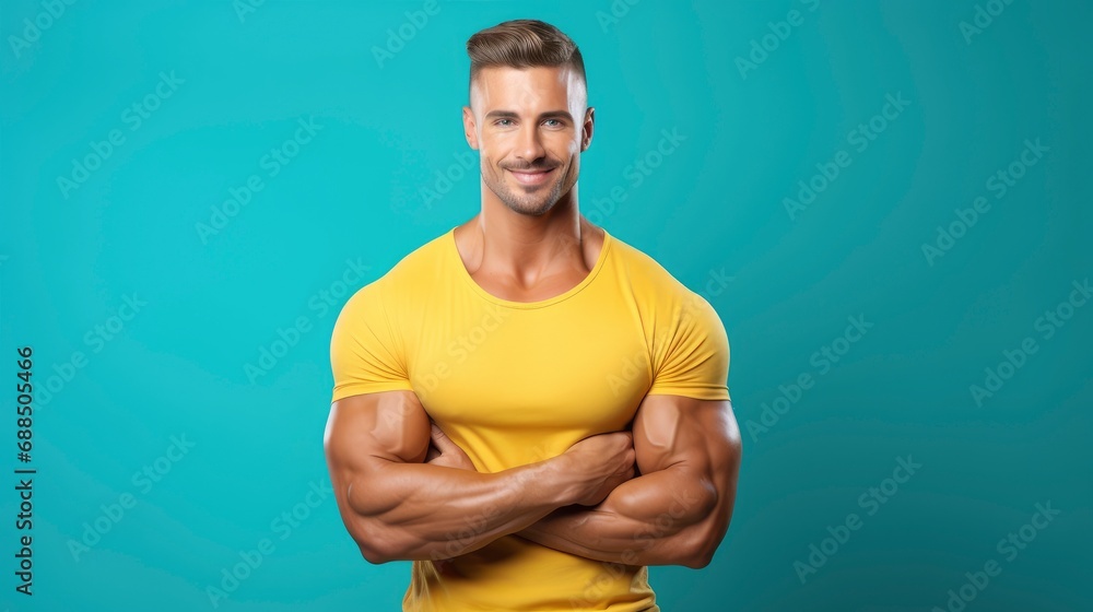 Fototapeta premium Handsome muscular man in fitness outfit over vivid solid background with copy space, banner