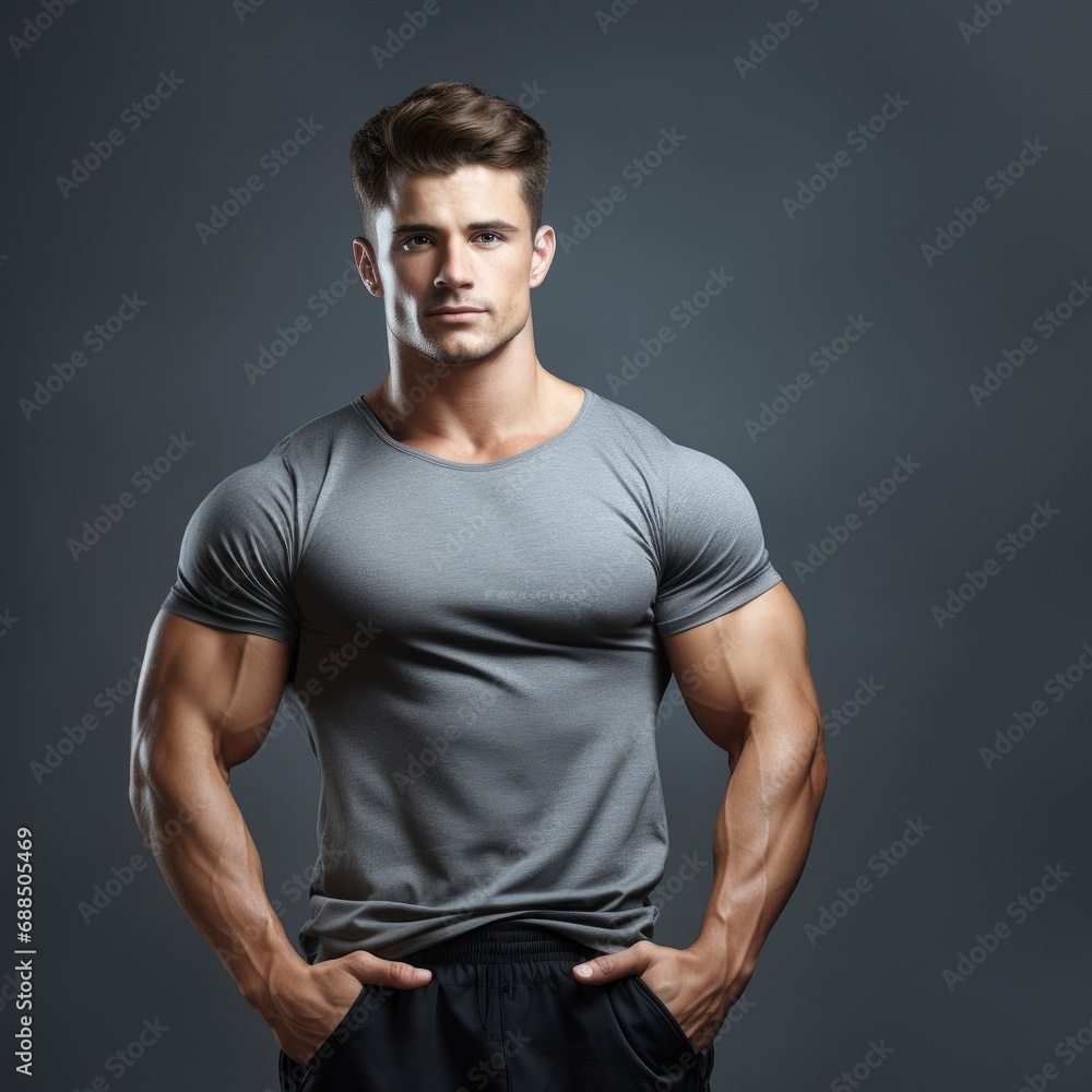 Handsome muscular man in fitness outfit over gray background with copy space, banner Handsome muscular man in fitness outfit over gray background with copy space, banner