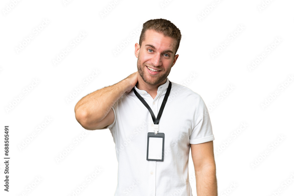 Young caucasian man with ID card isolated on green chroma background laughing Young caucasian man with ID card isolated on green chroma background laughing