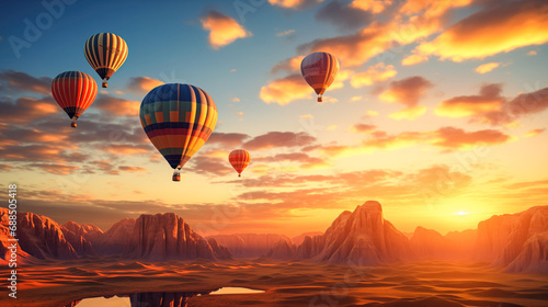 A group of hot air balloons flying over the amazing sea landscape at sunset. Wallpaper. Romantic view, tourism, adventure, dream concept