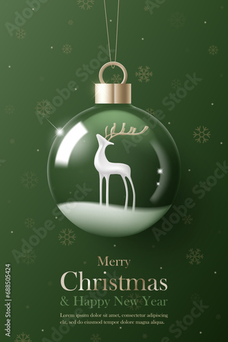 3D Vector Merry Christmas product podium banner. Glass snow ball, reindear, snowflake on green background. Luxury modern minimal decoration party, greeting card, promotion sale, social media post